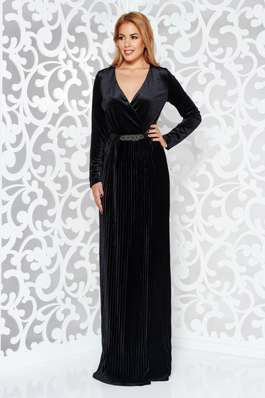 Rochie Artista neagra de ocazie din catifea cu decolteu in v accesorizata cu cordon