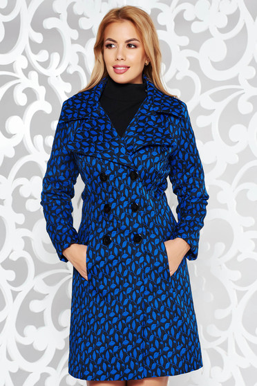 Trench albastru elegant cu un croi cambrat din stofa usor elastica captusit pe interior cu buzunare