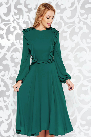 Rochie verde eleganta midi in clos din voal captusita pe interior accesorizata cu cordon