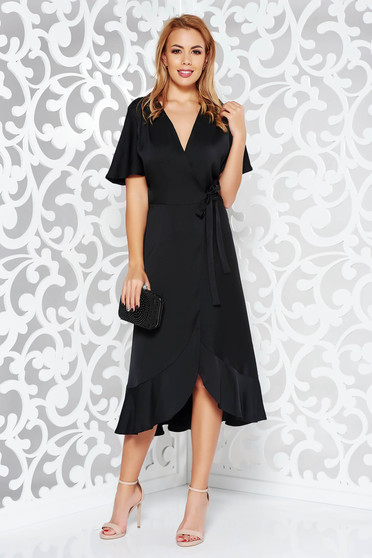 Rochie neagra de ocazie petrecuta din stofa neelastica subtire cu volanase la baza rochiei