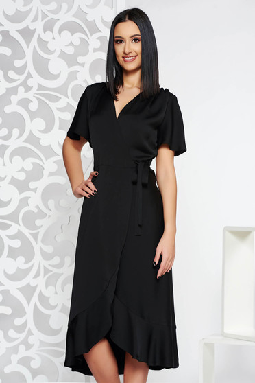 Rochie neagra de ocazie petrecuta din stofa neelastica subtire cu volanase la baza rochiei