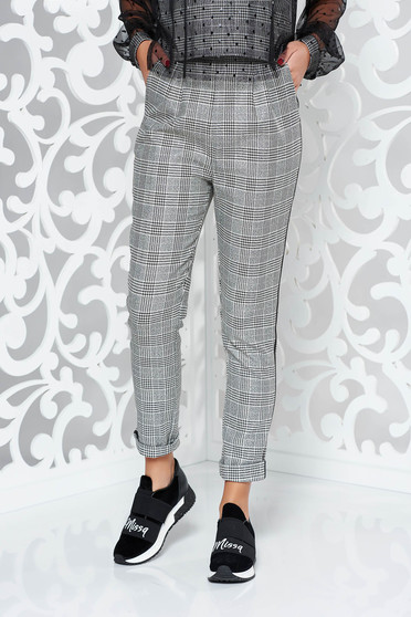 Pantaloni Fofy gri casual conici cu talie inalta din stofa neelastica in carouri cu buzunare