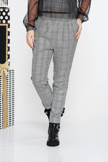 Pantaloni Fofy gri casual conici cu talie inalta din stofa neelastica in carouri cu buzunare