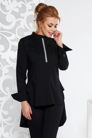 Camasa dama Fofy neagra casual cu croi larg asimetrica din bumbac usor elastic cu maneci lungi