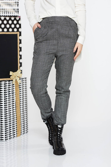 Pantaloni Fofy gri office conici cu talie medie din stofa usor elastica cu buzunare