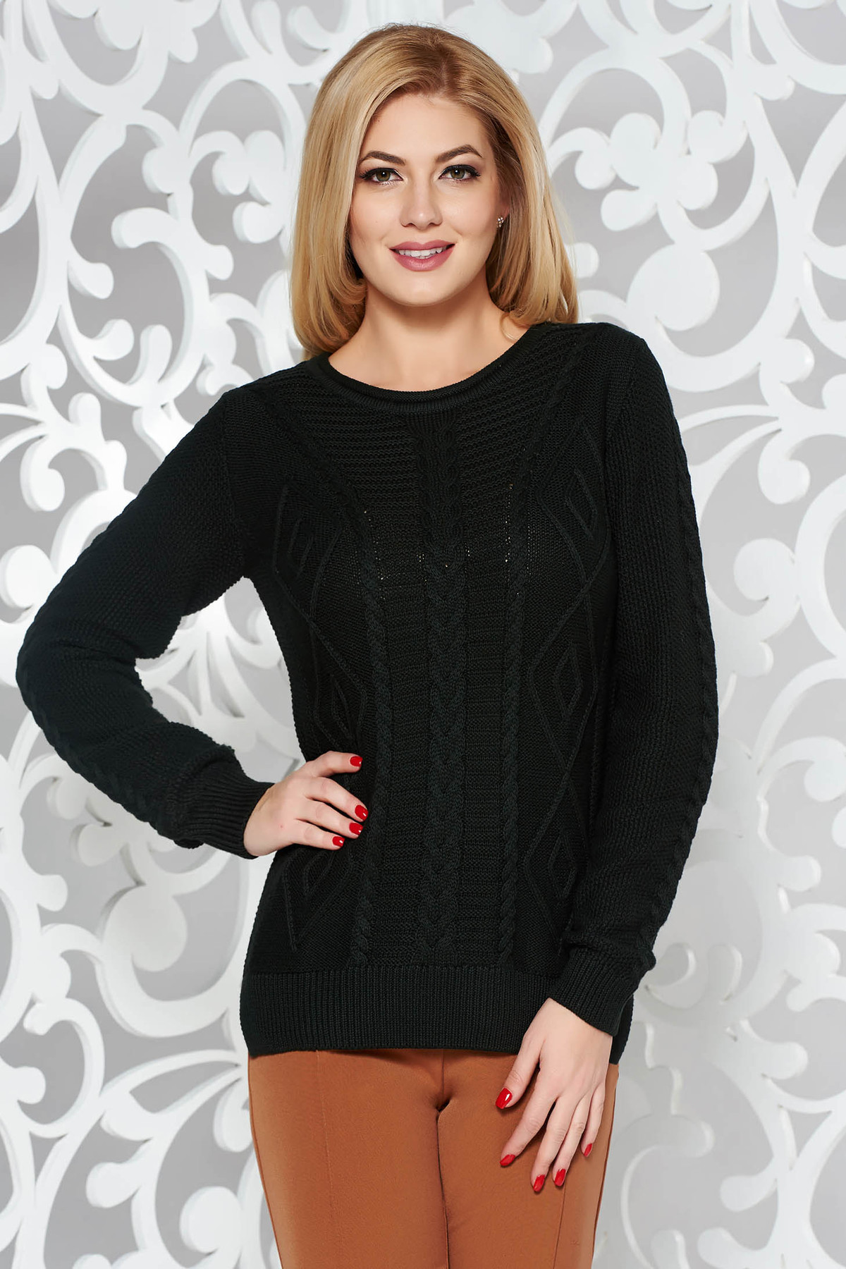 Pulover negru casual cu croi larg tricotat din bumbac neelastic