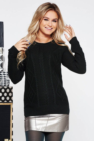 Pulover negru casual cu croi larg tricotat din bumbac neelastic