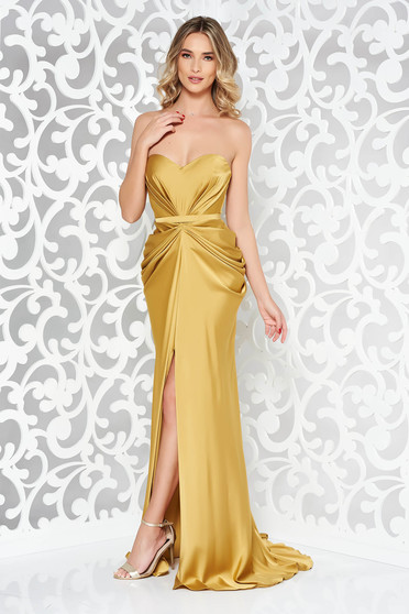 Rochie mustarie Ana Radu de lux din material satinat cu umeri goi cu push-up accesorizata cu cordon