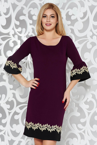 Rochie mov eleganta cu un croi drept cu maneci clopot cu aplicatii de dantela din material elastic