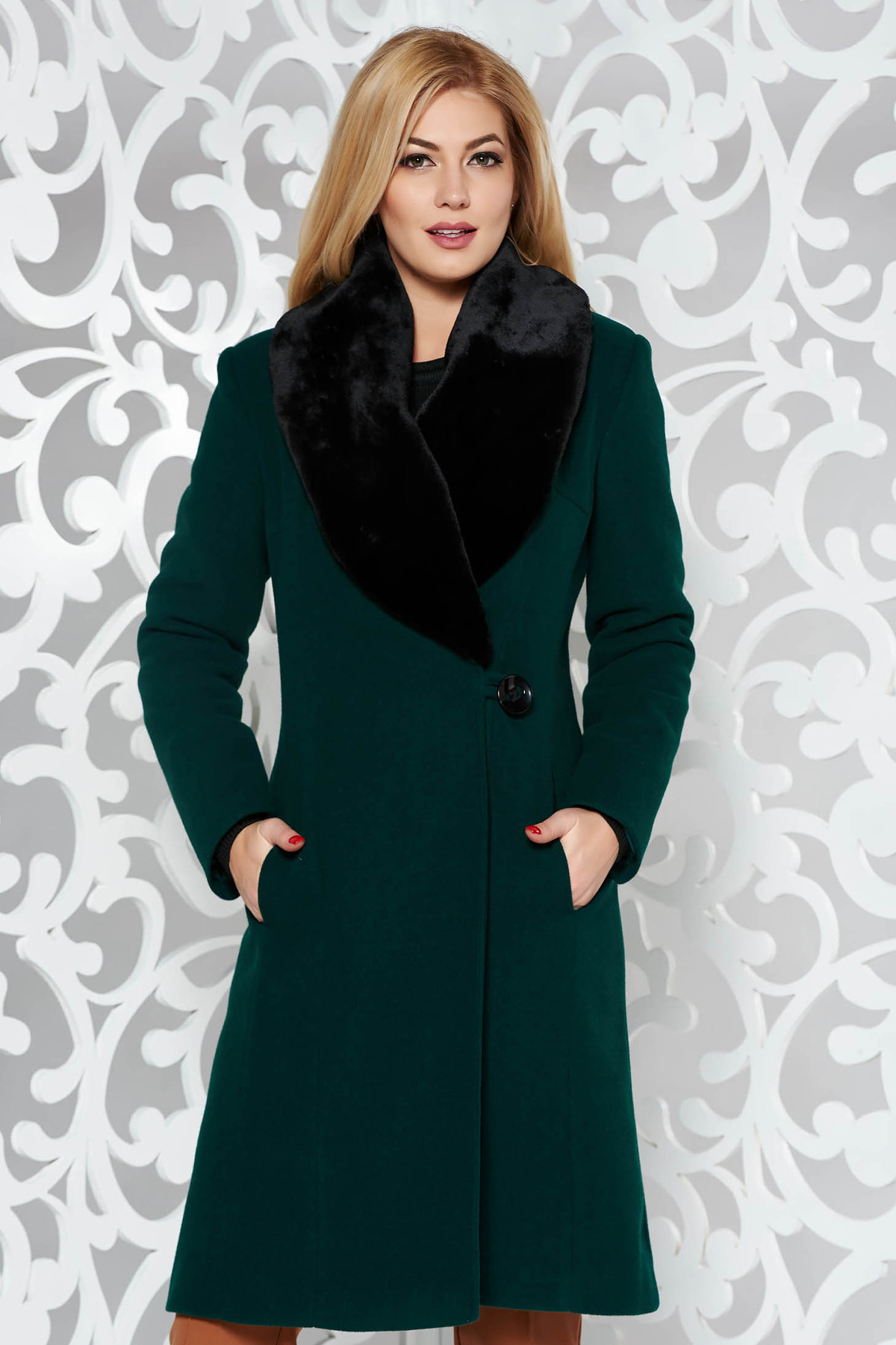 Palton LaDonna verde-inchis elegant din lana cu un croi cambrat cu guler din blana
