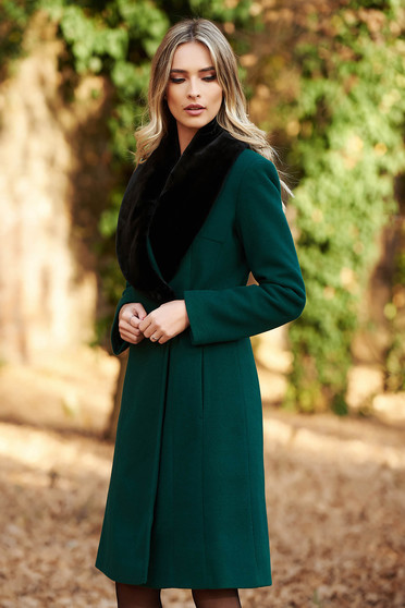 Palton LaDonna verde-inchis elegant din lana captusit pe interior cu un croi cambrat cu guler din blana