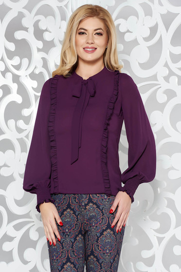 Bluza dama LaDonna mov eleganta cu croi larg din voal cu volanase cu maneci prinse in elastic