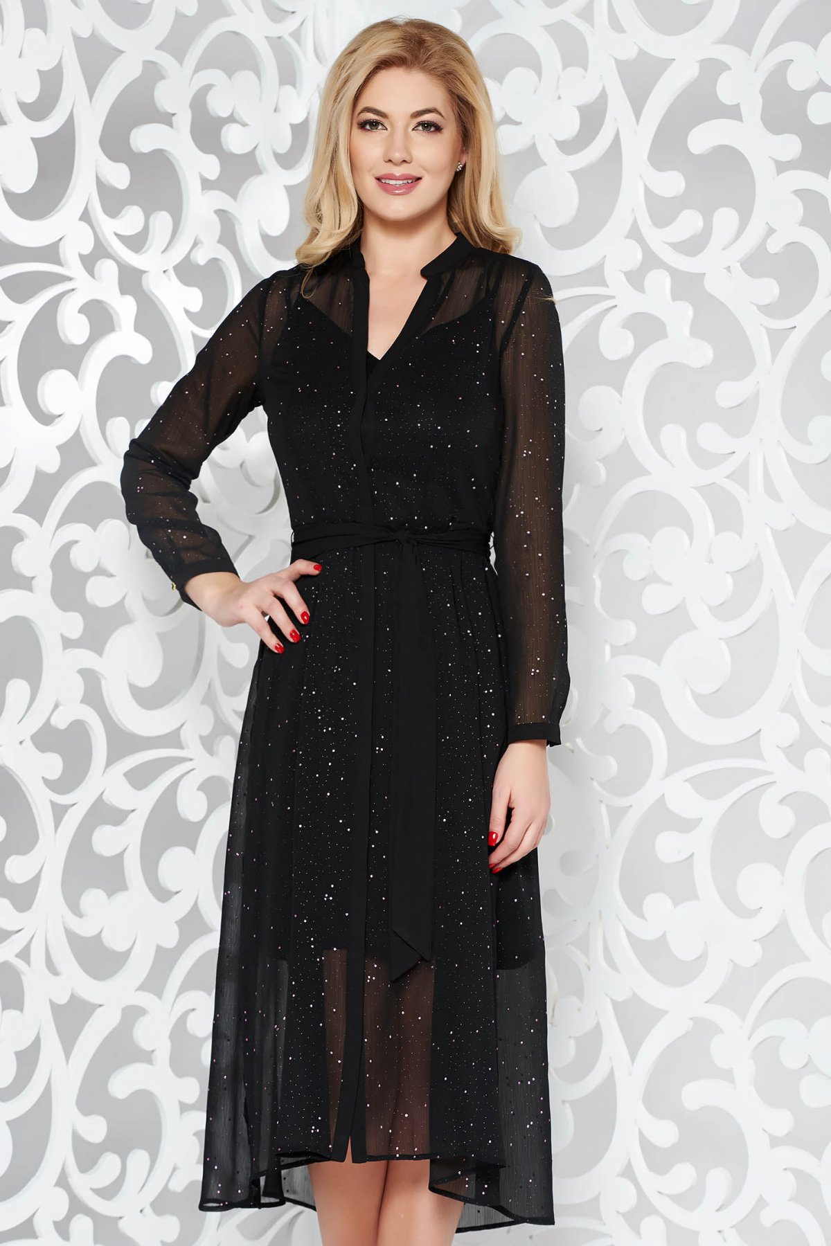 Rochie StarShinerS neagra eleganta in clos din material transparent cu aplicatii stralucitoare accesorizata cu cordon