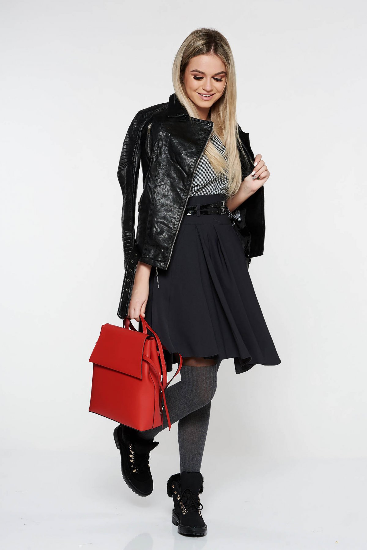 Bluza dama StarShinerS gri casual cu croi larg din bumbac neelastic in carouri accesorizata cu o fundita