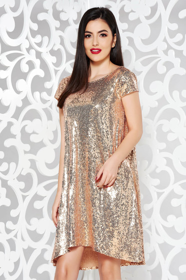 Rochie StarShinerS aurie de ocazie asimetrica cu croi larg din paiete captusita pe interior
