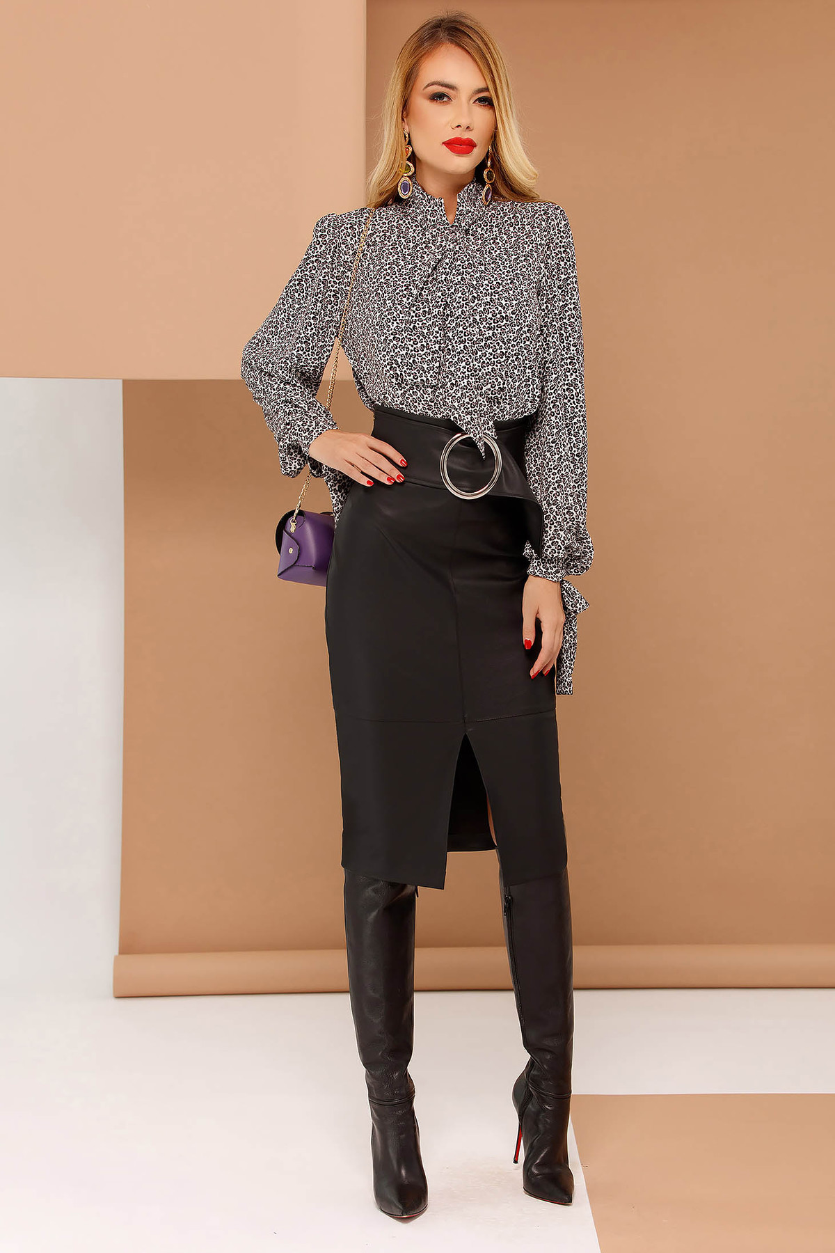 Bluza dama PrettyGirl gri eleganta cu croi larg din voal cu maneci lungi