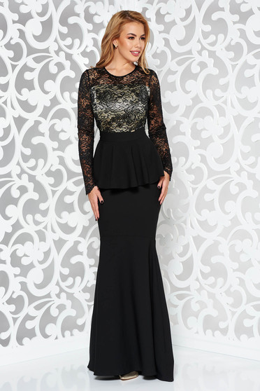 Rochie neagra de ocazie tip sirena din stofa subtire usor elastica si dantela captusita pe interior cu peplum