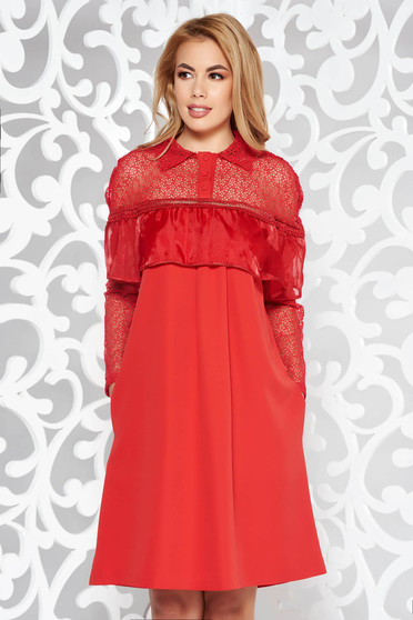 Rochie rosie eleganta cu croi larg maneci transparente din dantela din stofa usor elastica