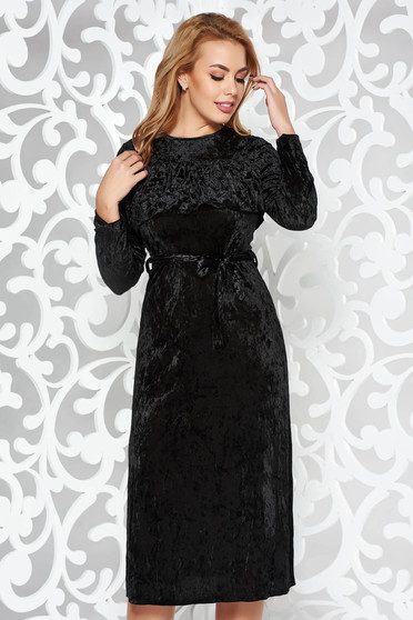 Rochie neagra de ocazie midi din catifea cu elastic in talie accesorizata cu cordon