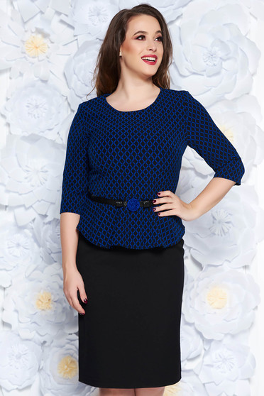 Rochie albastra-inchis eleganta tip creion cu peplum din stofa usor elastica accesorizata cu cordon