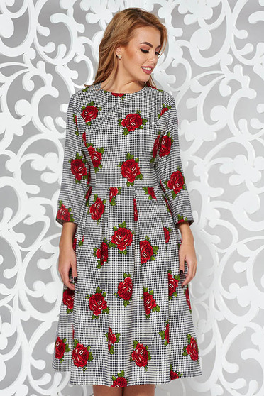 Rochie rosie eleganta in clos din bumbac usor elastic cu imprimeuri florale