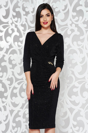 Rochie neagra de ocazie tip creion din material elastic captusita pe interior cu aplicatii stralucitoare