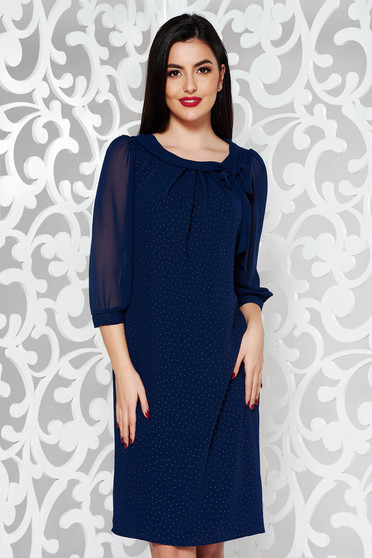 Rochie albastra-inchis eleganta cu croi larg din voal captusita pe interior cu aplicatii stralucitoare