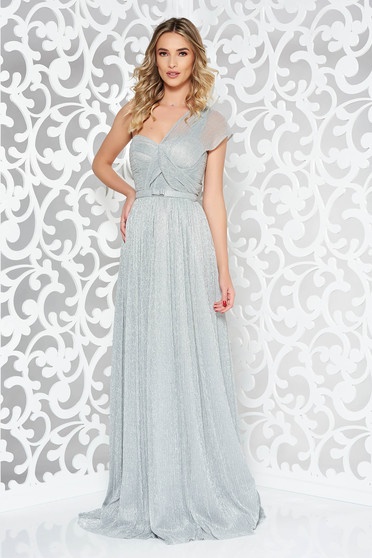 Rochie Ana Radu argintie de lux in clos din tesatura metalica cu luciu captusita pe interior accesorizata cu cordon