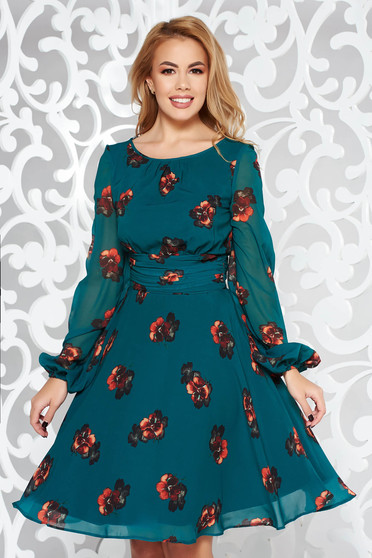 Rochie LaDonna verde eleganta in clos din voal captusita pe interior cu imprimeuri florale