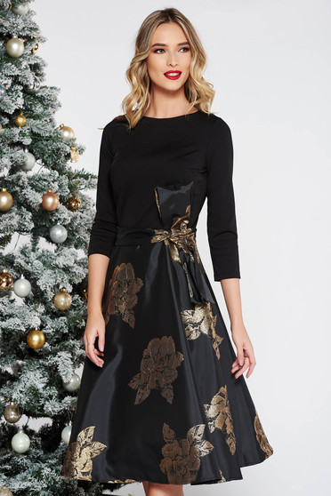 Rochie Artista aurie de ocazie midi in clos captusita pe interior accesorizata cu o fundita