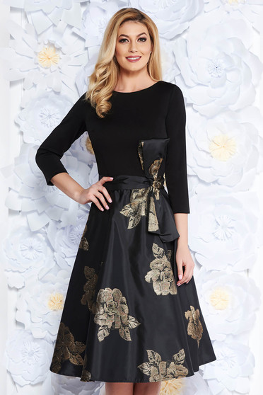 Rochie Artista aurie de ocazie midi in clos captusita pe interior accesorizata cu o fundita