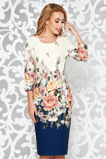Rochie albastra-inchis de zi tip creion din stofa subtire usor elastica cu imprimeuri florale
