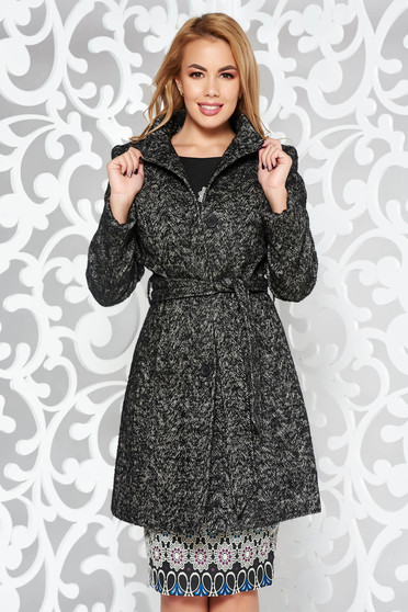 Palton negru casual cu un croi drept din lana captusit pe interior cu buzunare accesorizat cu cordon