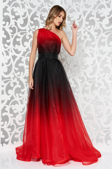Rochie Ana Radu rosie de lux lunga in clos pe umar captusita pe interior accesorizata cu cordon