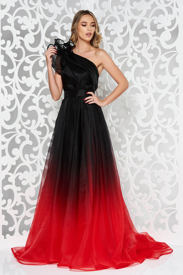 Rochie Ana Radu rosie de lux lunga pe umar in clos captusita pe interior accesorizata cu cordon
