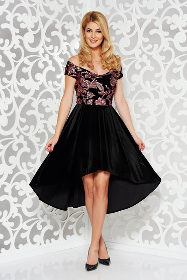Rochie StarShinerS neagra de ocazie asimetrica din catifea cu paiete captusita pe interior cu umeri goi