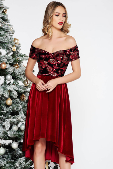 Rochie StarShinerS rosie de ocazie asimetrica din catifea cu paiete captusita pe interior cu umeri goi