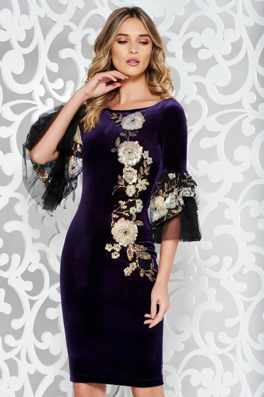 Rochie StarShinerS mov de ocazie cu un croi mulat din catifea cu paiete cu maneci clopot