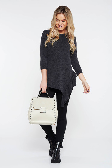 Bluza dama StarShinerS gri-inchis casual asimetrica cu croi larg din material tricotat cu volanase
