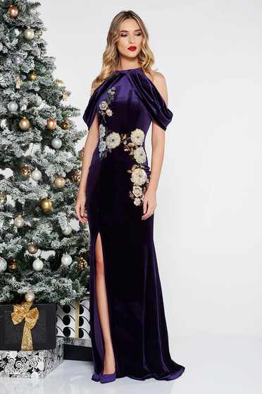 Rochie StarShinerS mov de ocazie tip sirena din catifea cu paiete cu umeri goi