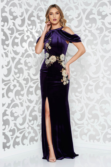 Rochie StarShinerS mov de ocazie tip sirena din catifea cu paiete cu umeri goi