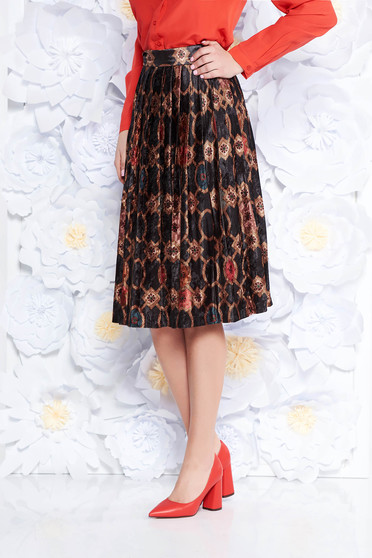 Fusta neagra casual in clos cu talie medie din material catifelat