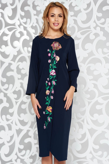 Rochie albastra-inchis eleganta cu croi larg din stofa usor elastica cu insertii de broderie