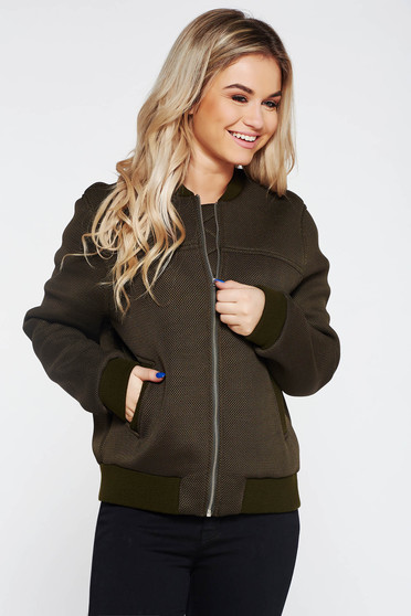 Geaca StarShinerS khaki casual cu croi larg din scuba cu buzunare