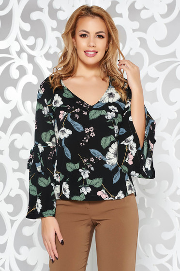 Bluza dama StarShinerS neagra cu croi larg cu maneci clopot din material vaporos cu decolteu
