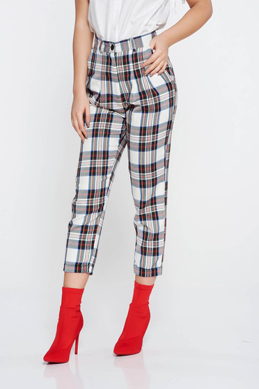 Pantaloni StarShinerS albe casual conici cu talie inalta din stofa in carouri