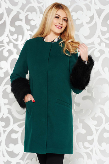 Palton LaDonna verde elegant cu un croi drept din lana cu insertii cu blana ecologica