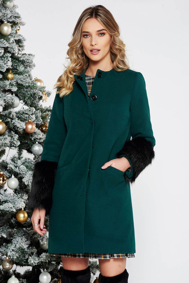 Palton LaDonna verde elegant cu un croi drept din lana cu insertii cu blana ecologica