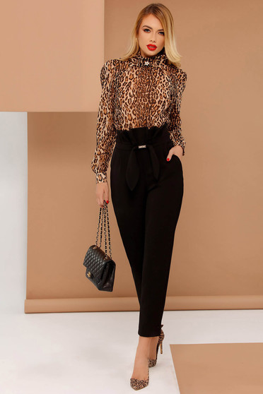 Pantaloni PrettyGirl negri office cu talie inalta din stofa usor elastica accesorizat cu o fundita