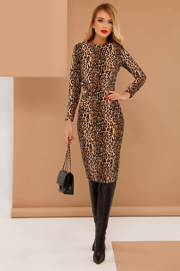 Rochie PrettyGirl maro de zi tip creion din stofa usor elastica animal print